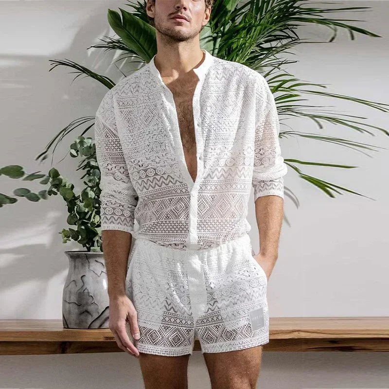 Conjuntos masculinos de manga comprida, camisa com recorte de renda, shorts casuais, terno masculino de duas peças