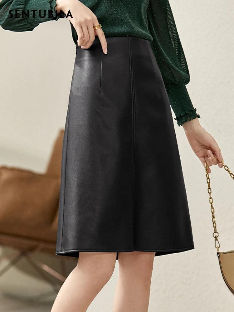 SENTUBILA Black PU Leather Skirt for Women 2024 Spring Fashion Luxury Knee-Length High Waist Skirts Female Clothing 123Q43042 - CRAVO ROSE