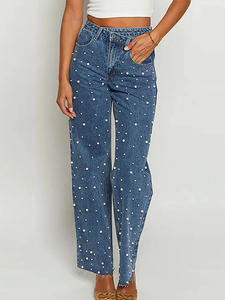 Calça jeans feminina moderna de cintura alta com perna reta e design chique de contas cravejadas, calça feminina casual e moderna de rua