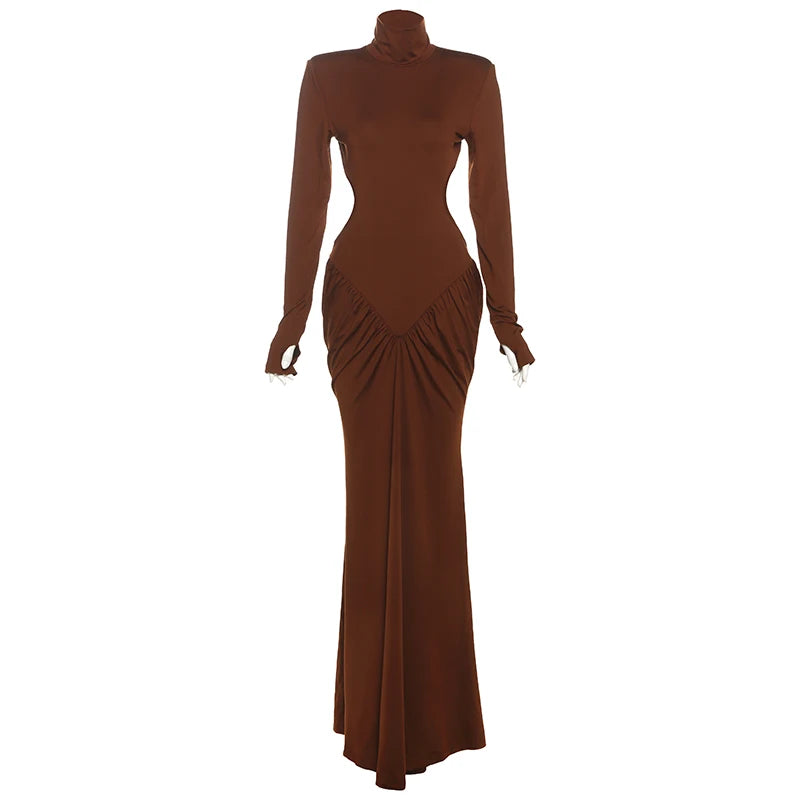 Weird Puss Backless Maxi Dress Women Shoulder Pads Long Sleeve Waistless Peach Buttocks Ruched Elegant Banquet Skinny Vestidos