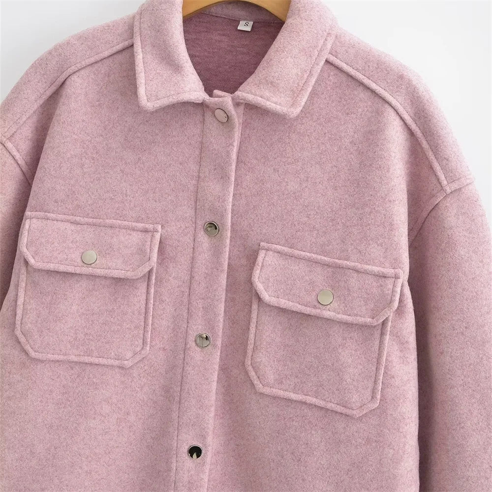 Casaco de lã feminino elegante e casual versátil de manga comprida e abotoamento simples