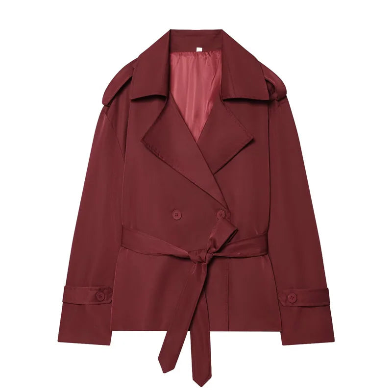 Women's Coat 2026 Spring New Style Solid Color Long Sleeve Belted Short Trench Coat European and American Personalized Fashion