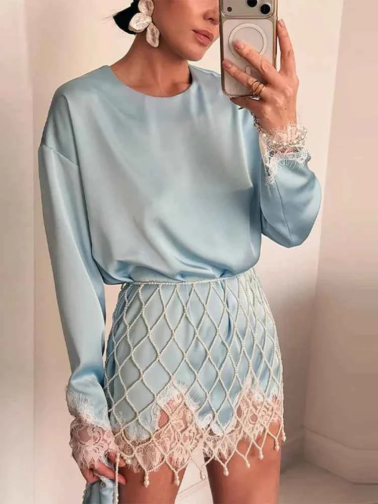 Lady Chic Diamond Beaded Tassel Hem Skirt 2026 Lace Trim Full Sleeve Shirt Short Skirt Outfits Casual Luxury Satin 2 Piece Set