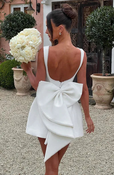 Elegant Pearl Bow Backless Short Dress Women's Sleeveless Party Cute Mini Dresses Black White Pink Chic Birthday Evening Y2K New