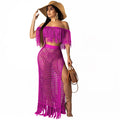 Women 2 Pieces Beachwear Outfits Solid Color Hollow-Out Tassel Off Shoulder Cover-Ups Slit High Waist Sarong Long Skirts Set