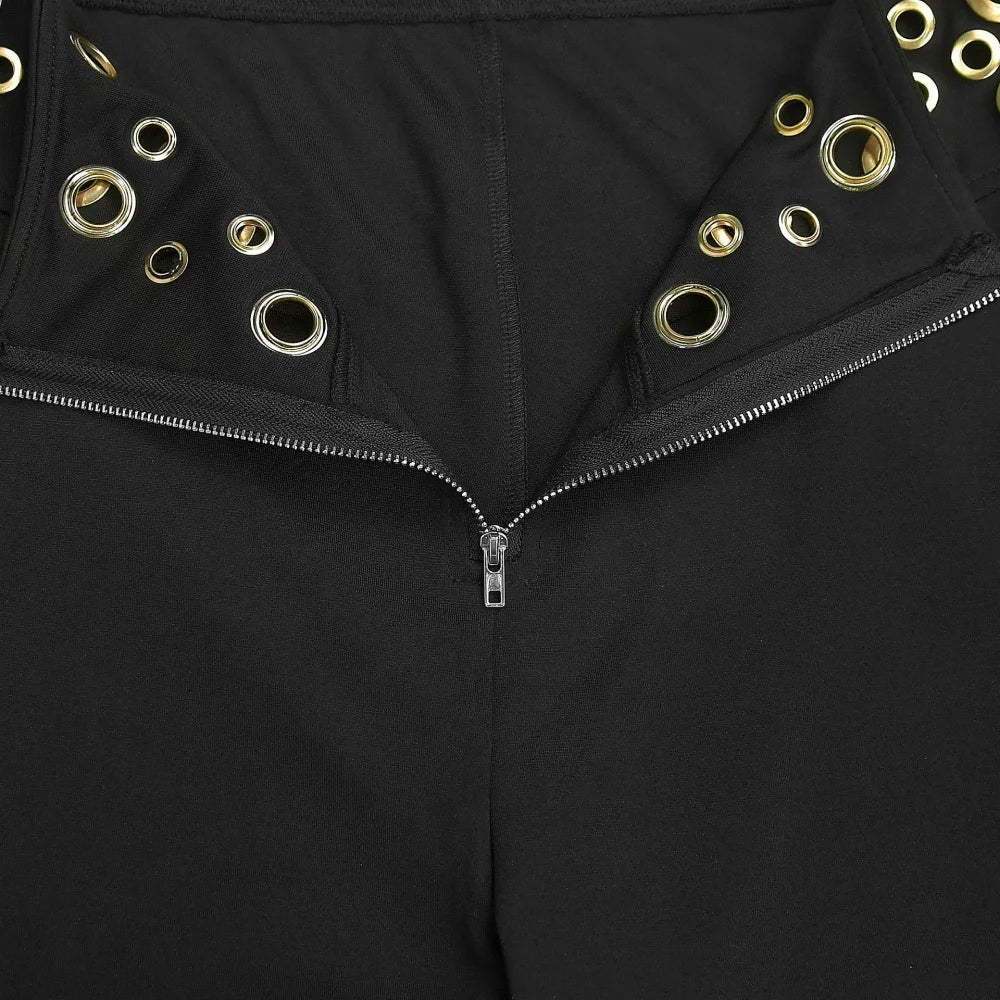FLARORA Fashion Metal Ring Holes 2 Pcs Sets Woman Sleeveless Hollow Out Crop Tops And High Waist Flare Pants Elegant Streetwear