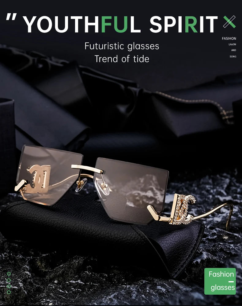 Óculos de sol quadrados sem aro punk femininos, armação de metal, design de marca de luxo, óculos retrô para mulheres, proteção UV400, 2025