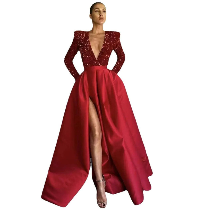 New Fashion Sexy High Quality Sequined Red Women's Long Sleeve Beaded Elegant Evening Party Women's Deep V Neck Evening Dress - CRAVO ROSE