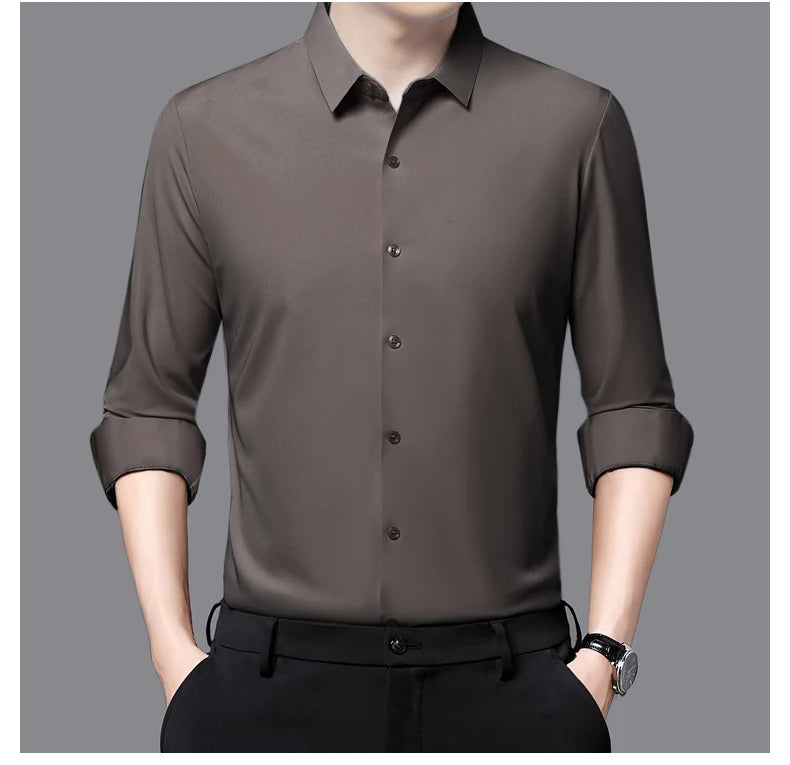 Camisa masculina premium ultraelástica - Camisa formal de manga comprida de seda de alta qualidade para uso social e casual