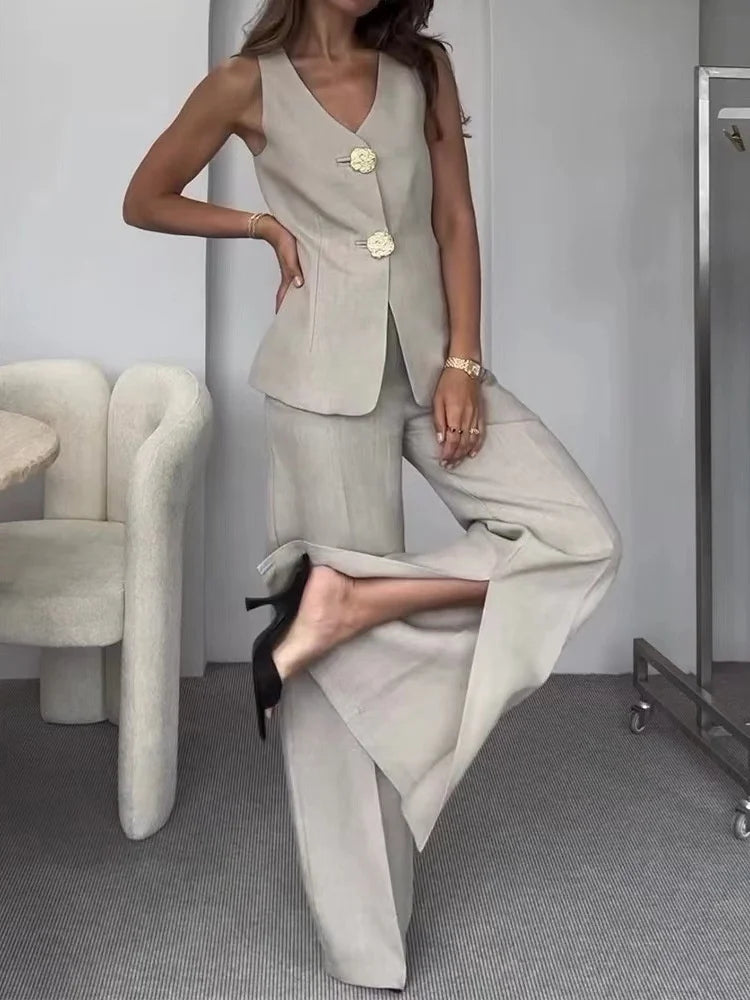 Women's Solid Color V-Neck Sleeveless Waistcoat + Wide Leg Pant 2 Piece Set Outfits Ladies Top Coat High Waist Pants Suit