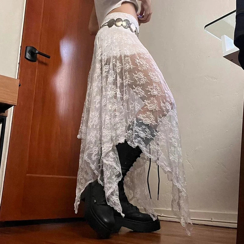 Saia feminina de renda elástica de cor sólida casual de verão transparente irregular saia em linha A para férias clube streetwear roupas estéticas