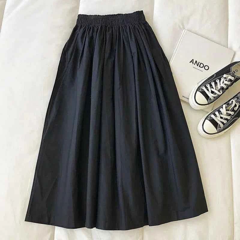 Women Black skirt midi High waist korean style Pleated a line Vintage Clothing 2026 new Summer Casual Fashion Ladies Work Wear
