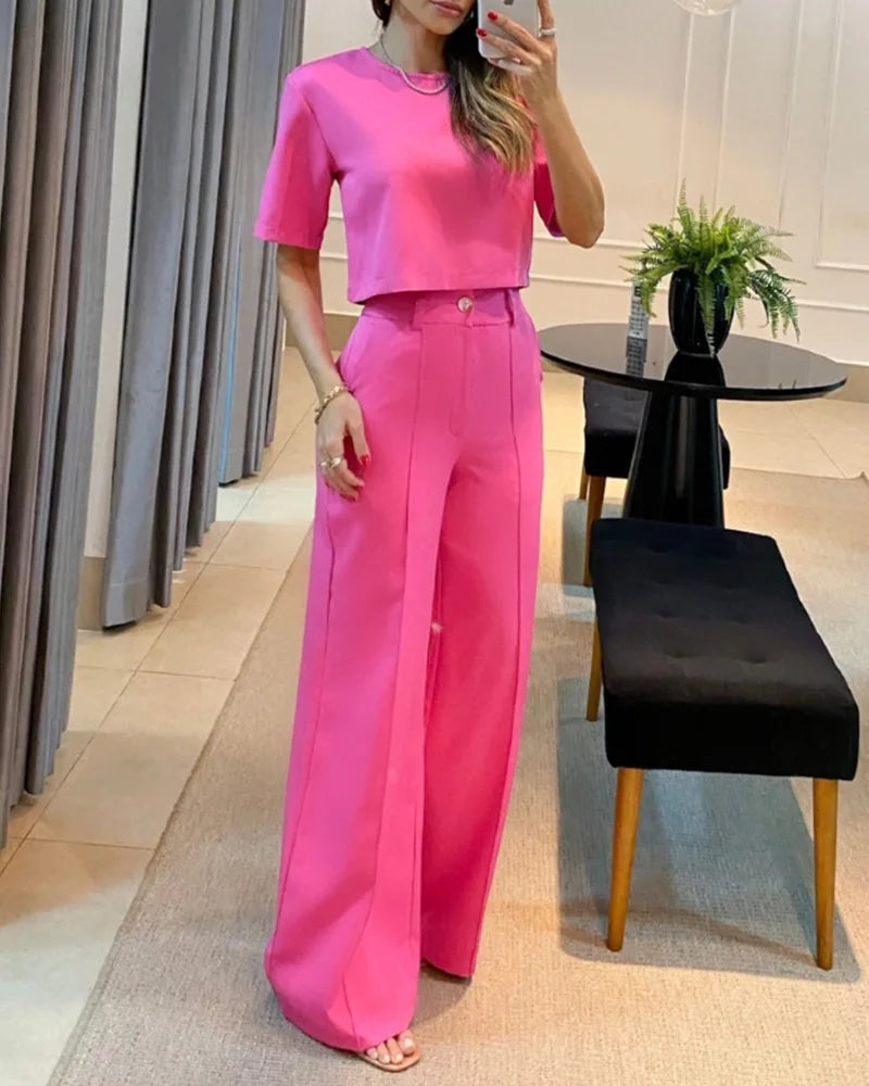 Casual Fashion Women Half Sleeve Crop T-shirt Wide Leg Pants Set Summer Femme Office Lady Two Pieces Suit Set Workwear Outfits