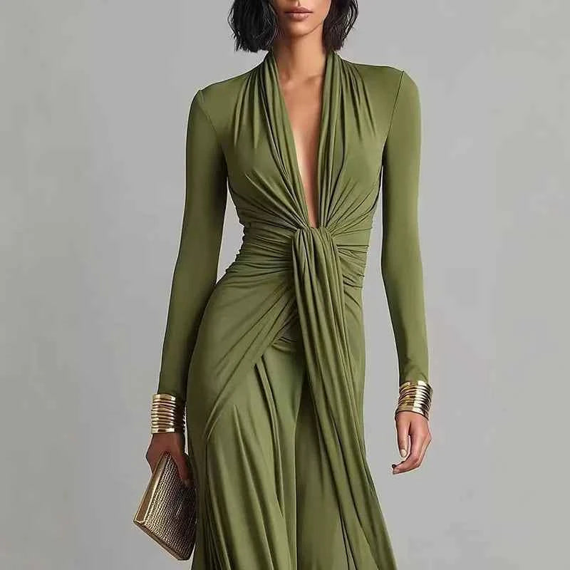 Women's Elegant Deep V Neck Maxi Dress Spring Twist Knot Ruched Floor-Length Evening Gown Autumn New Long Sleeve Slim Boho Dress