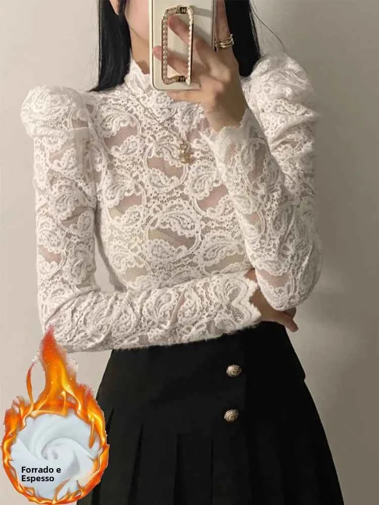 Fleece Lined Lace Base Shirt Women's Autumn Winter Hollow out Mesh Top Trendy Commute Style High Neck Long Sleeve  Color