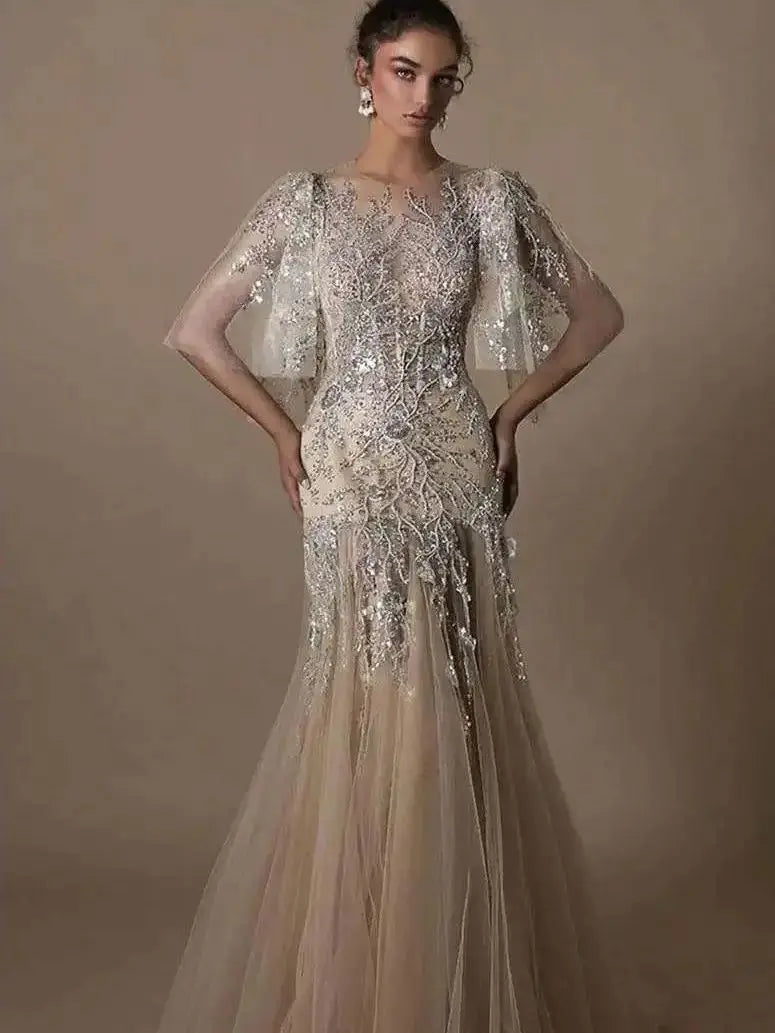 Elegant Evening Dresses Mermaid O-Neck Appliques Sequined Half Sleeve Prom Gown Party Dress Vestido De Noite Custom Made