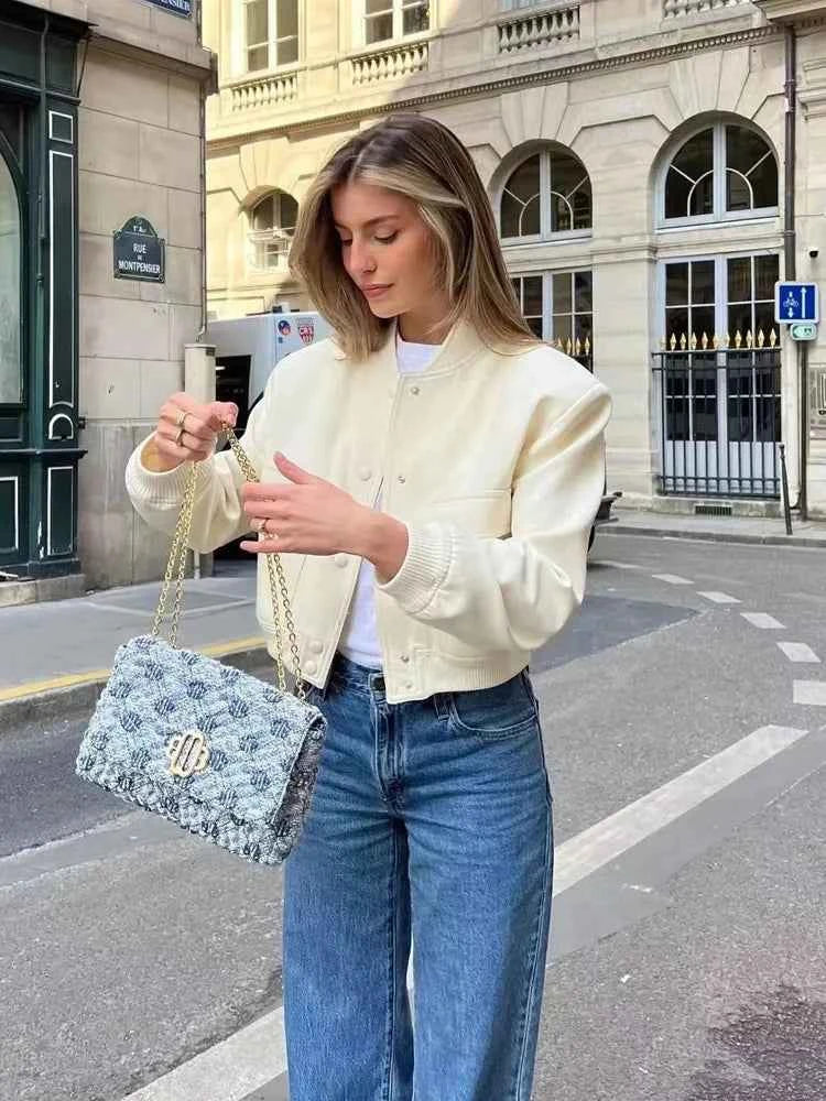 MUJER 2025 Woman Bomber Jacket White Autumn Winter Button Cropped Jackets for Women Fashion Long Sleeve Women Coats Outerwears