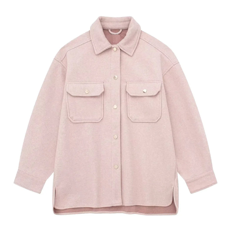 Camisa de lã macia, casaco, jaqueta, moda, lapela, bolso, camisa de abotoamento único, sobretudo rosa, blusa feminina, vestuário minimalista feminino
