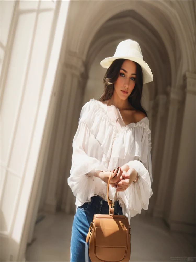 Blusa feminina sexy com decote em V, transparente, estilo boho, de malha, com babados, manga larga, elegante, peplum, com babados, blusa feminina 13459