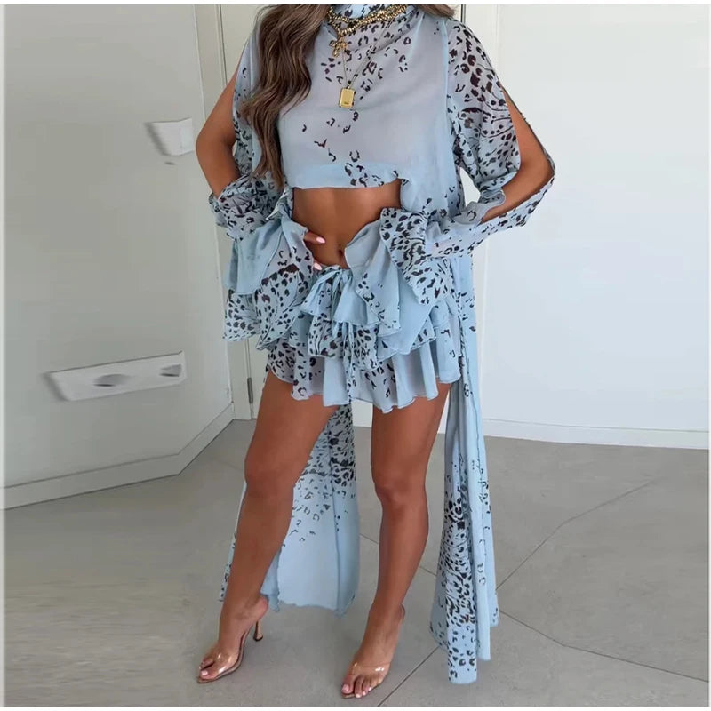 Sexy Women's Skirt Set Full Sleeve Crop Top Ruffle Hem Skirts Female Vacation Print Sets 2026 Summer Beach Fashion Lady Suit