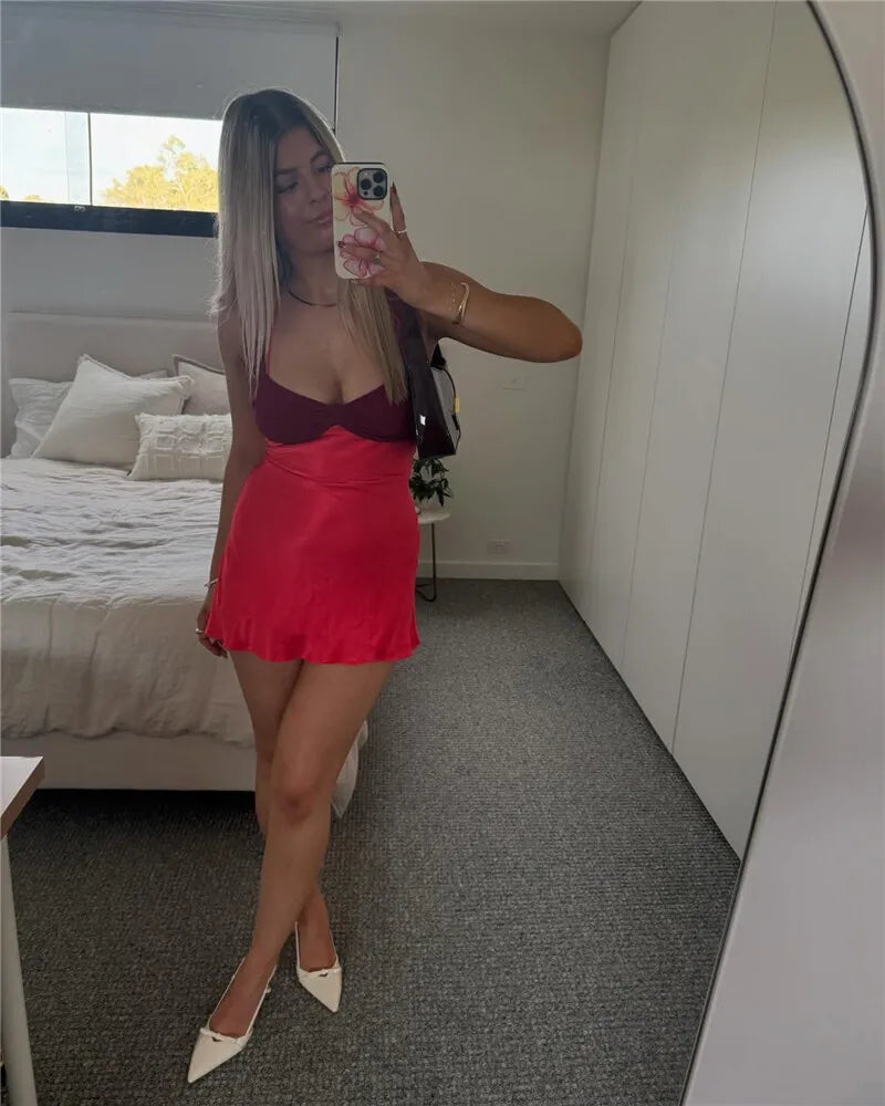 Mozision Patchwork Sleeveless Sexy Mini Dress For Women Robe Satin Strapless Backless Lace-up High Waist A-line Club Dress