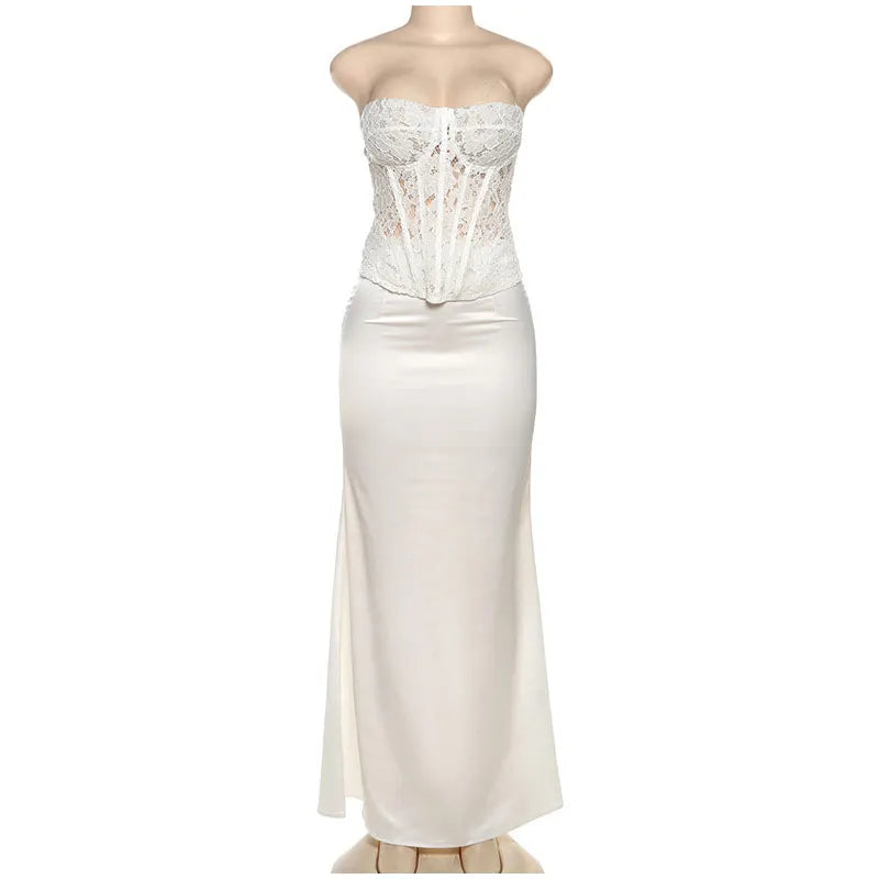 Conjuntos elegantes de renda e cetim com top e saia longa femininos, blusa justa e ombro de fora, robes femininos para festa de verão e noite