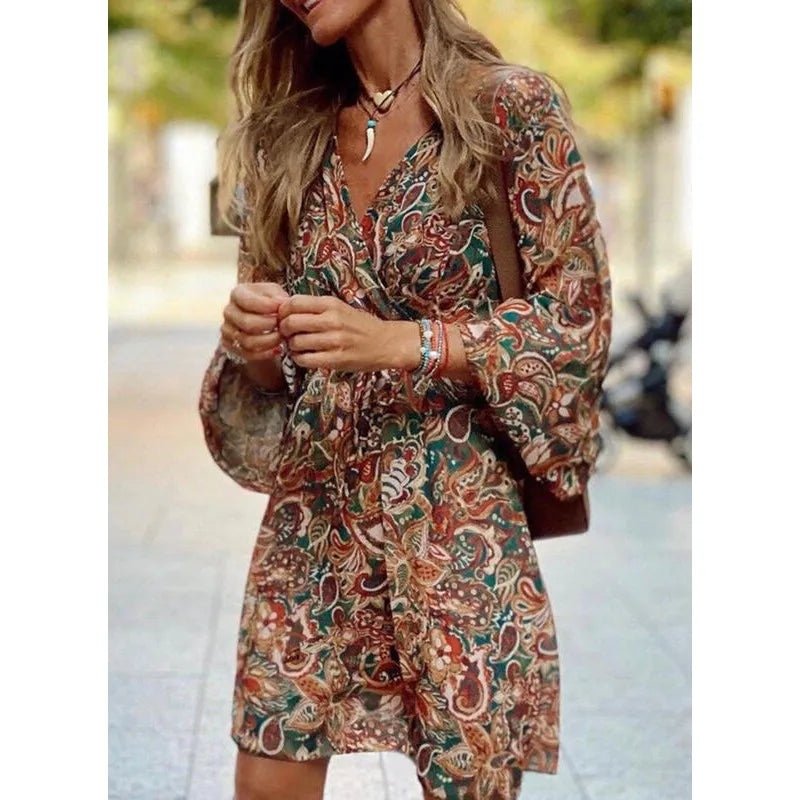 Vestido feminino com estampa floral, vintage, para trabalho, decote em V, elegante, plissado, paisley, manga bufante, babados, vestido casual