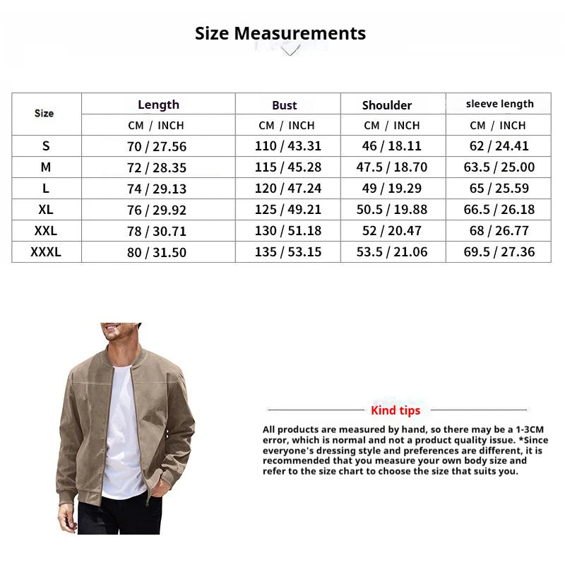 New Autumn Pilot Bomber Jacket for Men's Casual Plus Size Suede Zipper Stand Up Collar Top Traf Jacket Coats Men Clothing