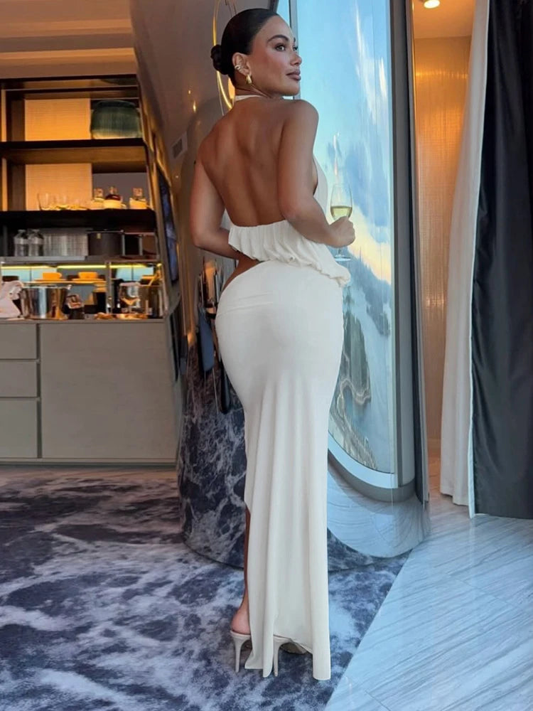 Kliou Elegant Style 2 Piece Set Woman Summer Trend Halter Backless Irregular Tank Tops+Long Skirts Vacation Beach Party Outfits
