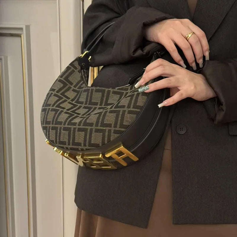 Novo 2025 graphy crescente saco de algodão linho lona revestido axilas ombro único bolsa feminina crossbody saco rua tendência - CRAVO ROSE