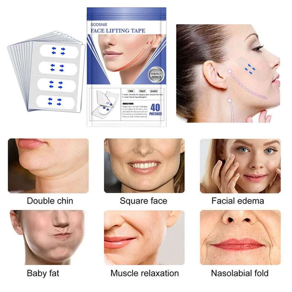 Fita adesiva invisível para lifting facial, fita adesiva à prova d'água para lifting facial, ferramentas de lifting, lifting facial antirrugas, 40 adesivos