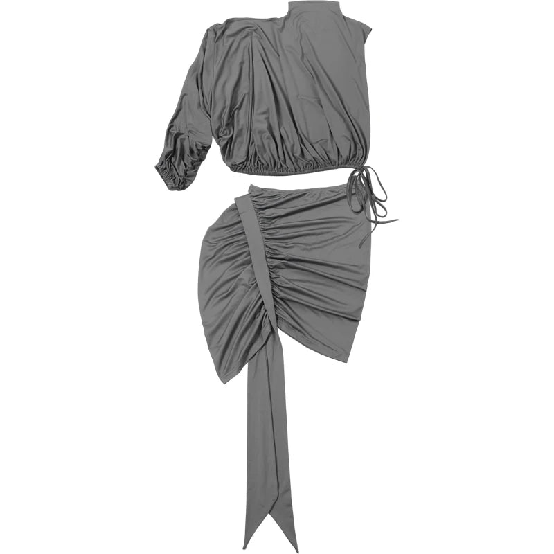 Weird Puss Sexy Irregular 2-Piece Set Women One shoulder Top+Shirring Ruched Peach Hip Skirt Matching Streetwear Elegant Outfits