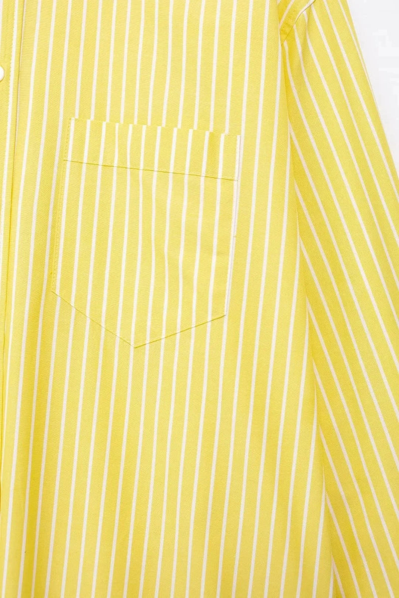 TRAFZA Blusa Listrada Amarela Feminina Calça Terno Camisa Solta Manga Longa Calças com Cordão