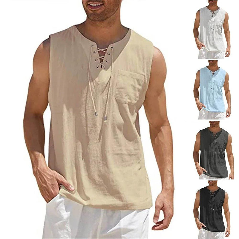 Camisas de linho masculinas respirável sem mangas verão praia casual blusa com decote em v cordão masculino camisas de fitness streetwear t - CRAVO ROSE