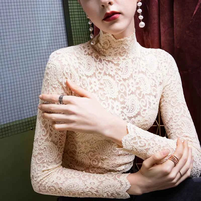 High Collar Lace Long Sleeve Women's Base Shirt Slim Fit Inner Wear Stand Collar Top Trendy Black T-Shirt Commute Style Korea...