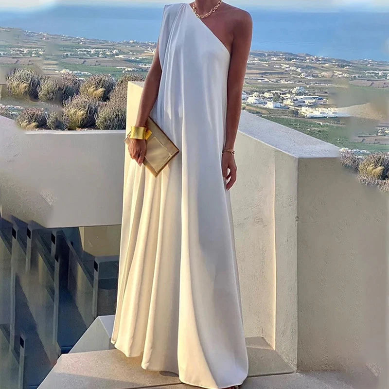Vestido de festa de verão sem mangas, moda praia, cor sólida, um ombro, solto, temperamento feminino, gola inclinada