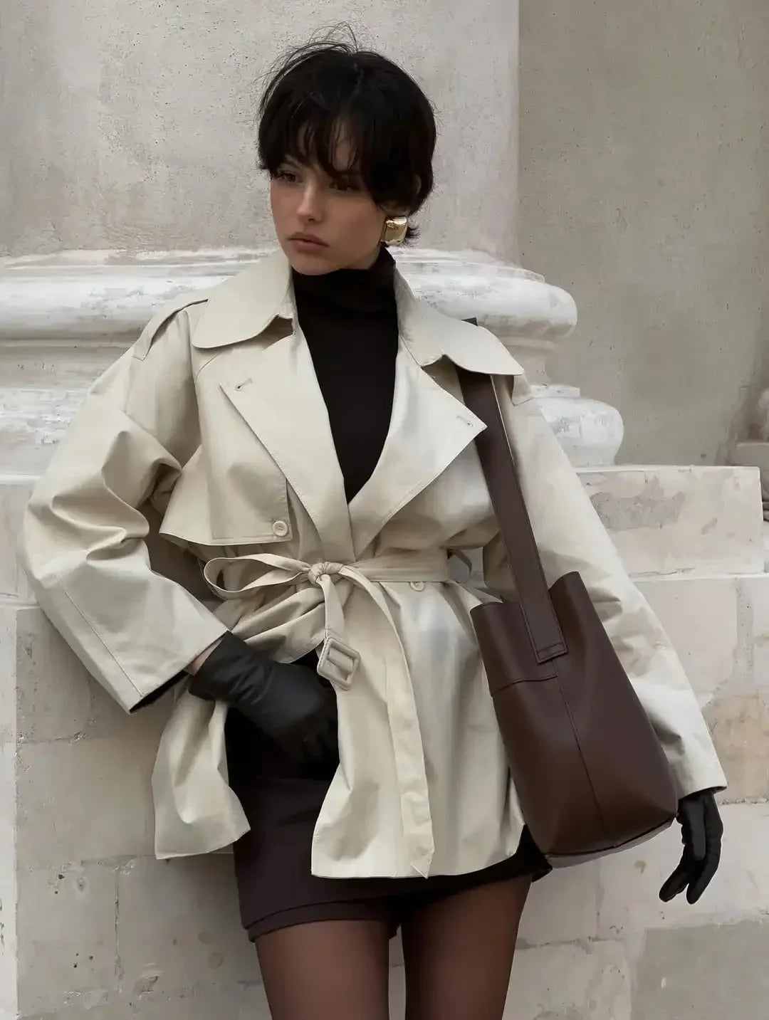 Women Lapel V-neck Belt Trench Coat Fashion Lace Up Full Sleeve Button Short Thin Windbreak 2025 New Lady Daily Street Outerwear