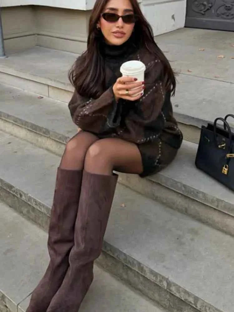 NLZGMSJ Women Knitted Sets 2025 Autumn Winter Wrist Sleeve Slim Plaid Sweater Cardigan Jacket Crop Top Mini Skirt Suits
