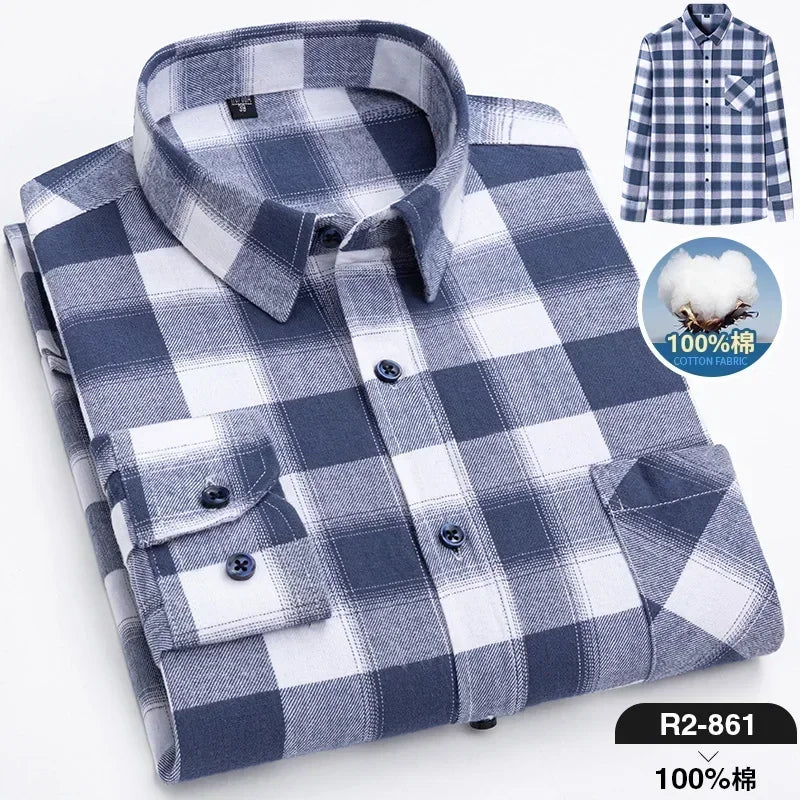 Pure Cotton Men's Plaid Shirt Long Sleeve Regular Fit Men Casual Oversized Shirt Leisure Autumn Male Clothes New Plus Size