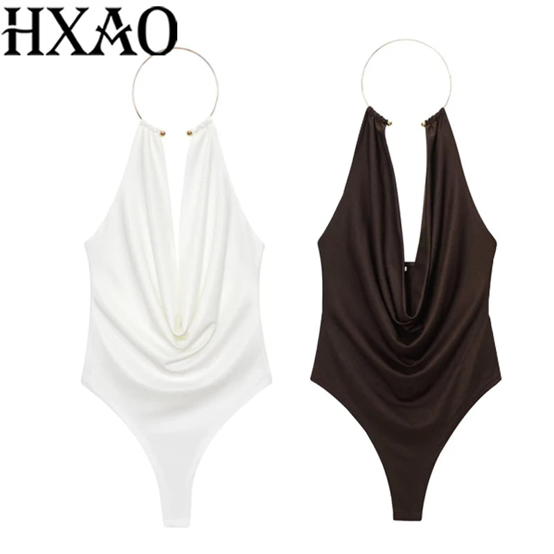 HXAO Bodysuit Women Summer Corset Slimming Body Off Shoulder Halter Sexy Body Ruched White Bodysuit Backless Brown Body Swimwear