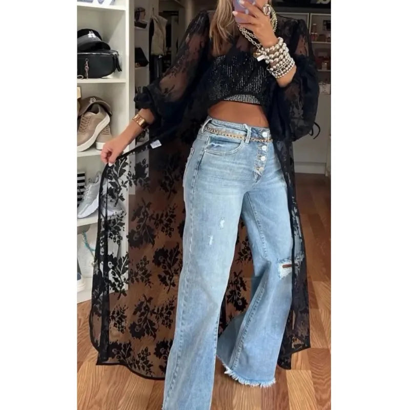 Blusa feminina nova moda 2025 com renda floral e gola alta, manga bufante, frente vazada, curta e longa