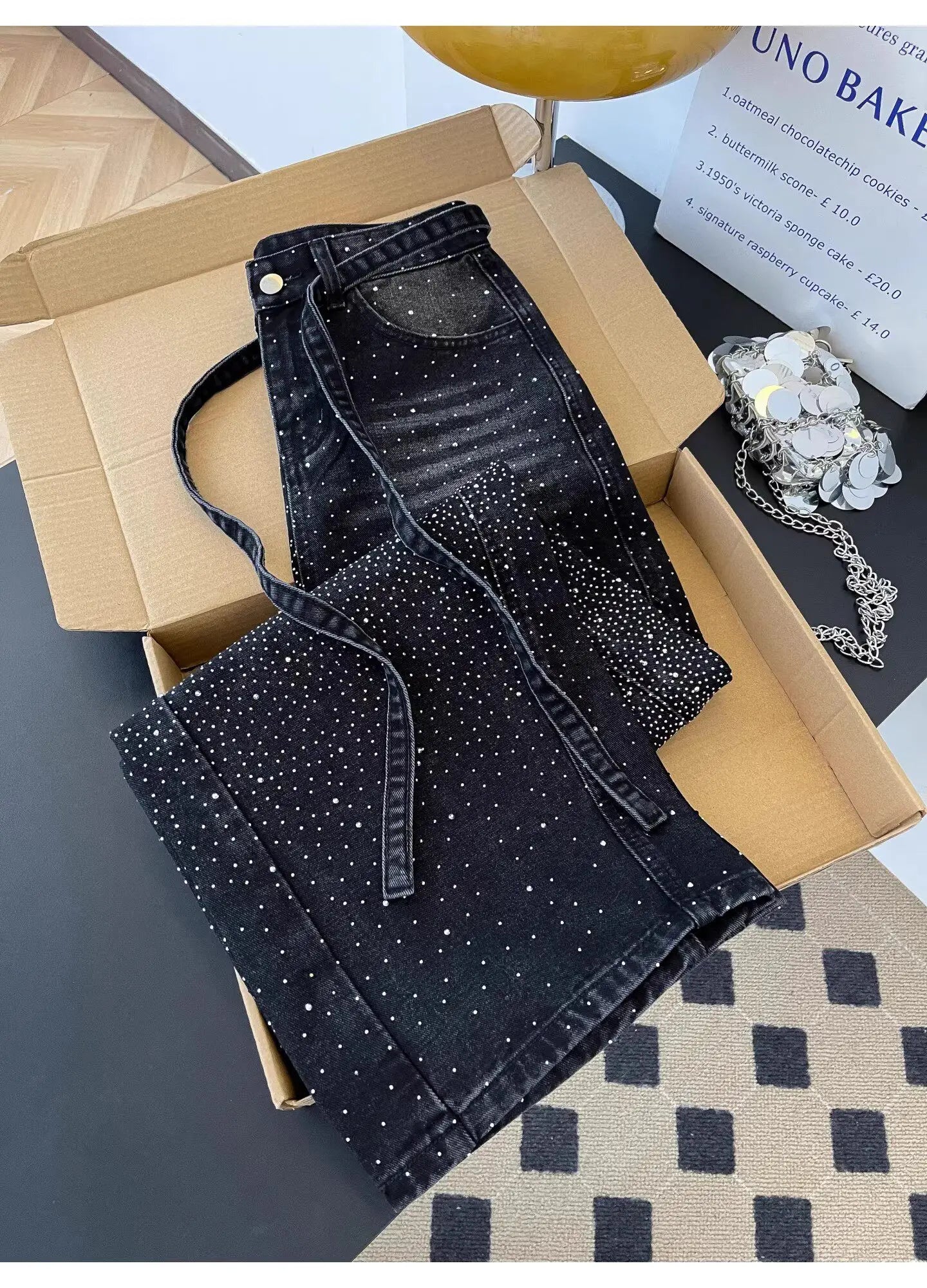 Glittering Rhinestone Denim Pants Women's Jeans New Wide Leg Design Sensation Floor-Length Pants Loose Jeans