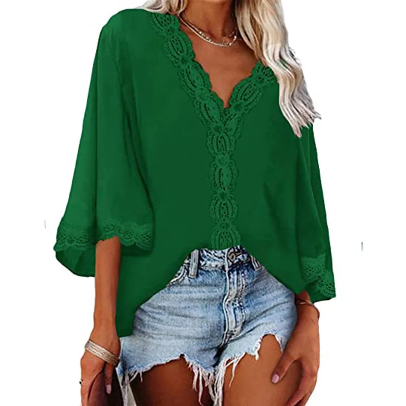 Blusa feminina de chiffon com costura de renda, decote em V, manga flare, blusa solta de verão, moda simples
