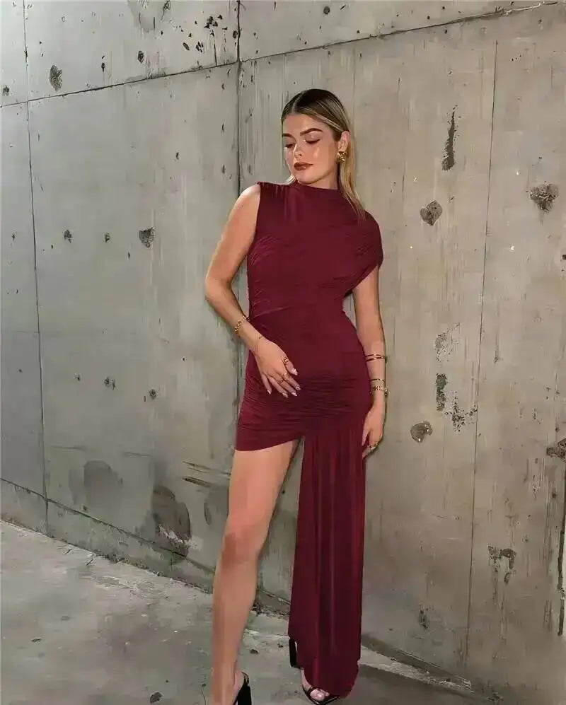 Balitops Summer Draped Ruched Sexy Mini Dress Women 2025 New Irregular High Waist Slim Fit Dress Female Elegant Club Tank Dress