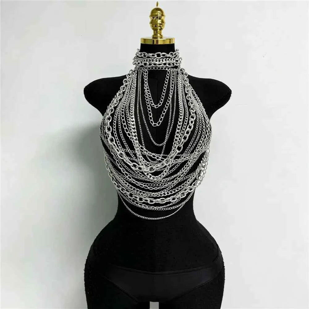 Silver Metal Chain Halter Top Sexy Layered Body Chain Vest Women Festival Rave Party Clubwear Lingerie Jewelry Accessory