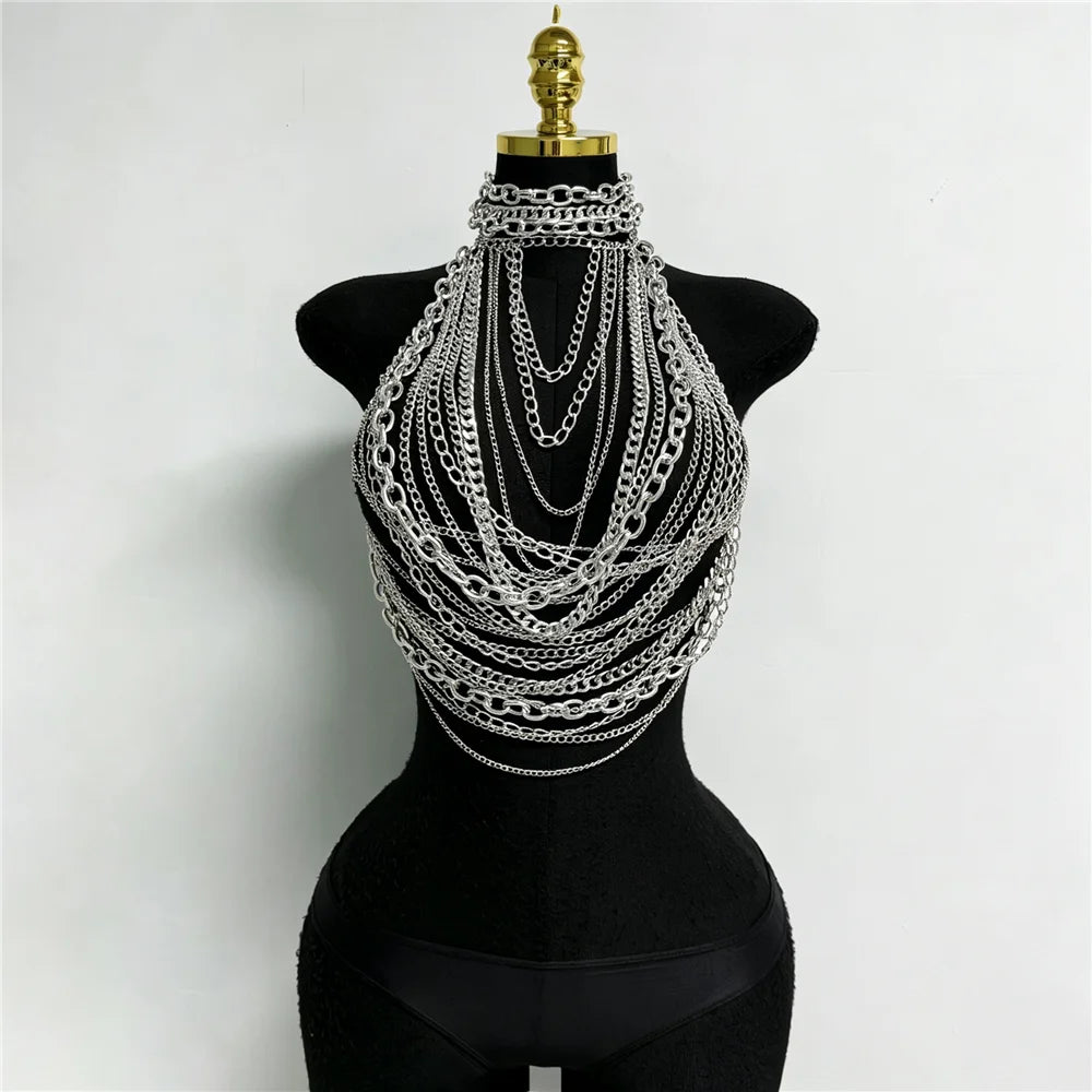 Silver Metal Chain Halter Top Sexy Layered Body Chain Vest Women Festival Rave Party Clubwear Lingerie Jewelry Accessory