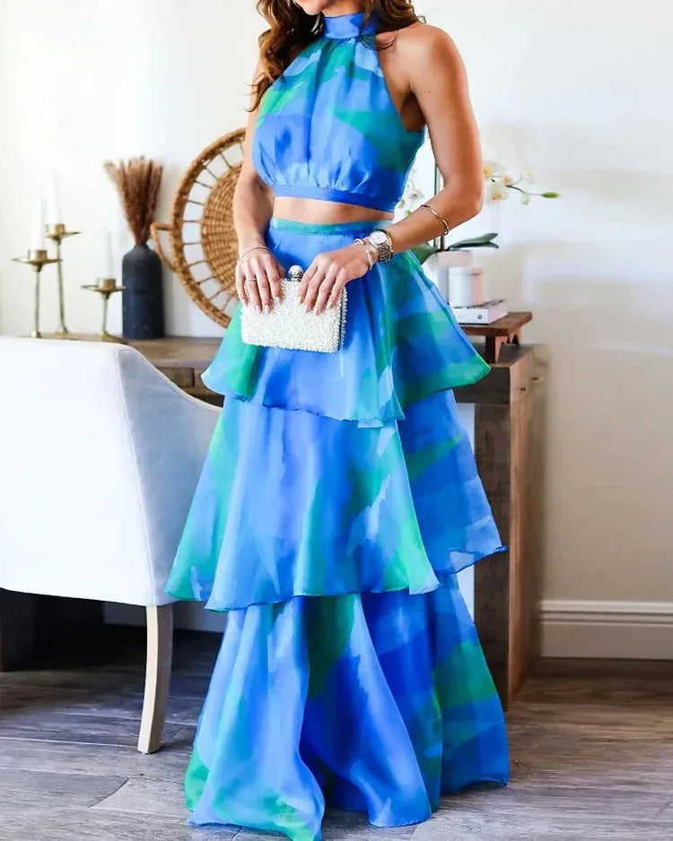 Cake Skirt Set Women Dress Sets Two Piece Sets Sexy Print Sleeveless Short Tops Elegant Splice High Waist A Line Long Skirts