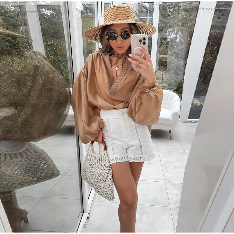 Camisa feminina elegante e solta, com cadarço, gola redonda, manga lanterna, camiseta feminina, primavera/verão 2025, moda urbana, tops femininos emendados