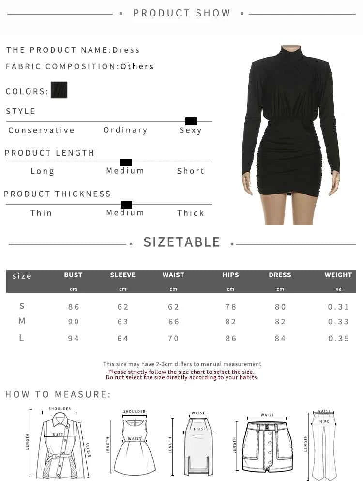 Weird Puss Elegant Shoulder Padded Dress Women Turtleneck Ruched Sexy Classic Office Commute Simple Peach Hip Slim Mini Bodycon