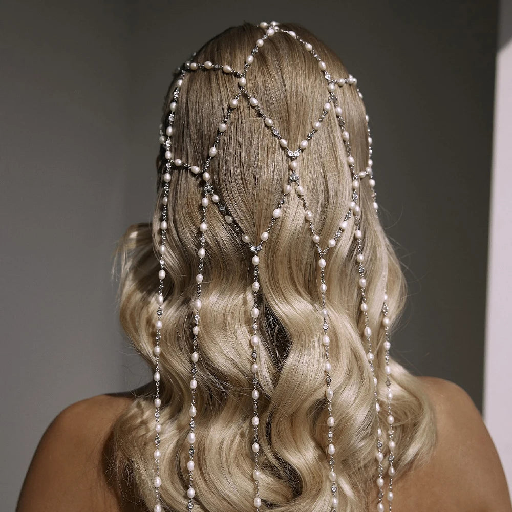Bohemian Mesh Tassel Pearl Headband Chain Women Head Accessories Luxury Bridal Round Rhinestone Hair Chain Headpiece for Women